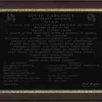 Wall plaque: Louis LaRusso II, Honorary Member GIAA. Guild Italian American Actors. No place (probably N.Y.), Dec.10, 1988.