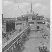 B+W photo of men working on the main deck of an unknown tanker ship, Hoboken, no date, ca. 1940.