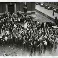 B+W photo of Stevens Institute students celebrating legalization of 3.2 pct beer, at 6th & River Sts., Hoboken, Apr. 7, 1933.