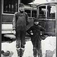 B+W photo negatives, 3, of copy photos related to streetcars or wagon elevator, Hoboken or Jersey City, 1904-1910.