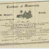 Certificate of Membership in the St. Michaels Society, West Hoboken, N.J., for Francis P. Markie, Oct. 10, 1916.