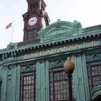          012 Waiting Room sign, Lackawanna name, 1907 date, clock face, clock tower
   