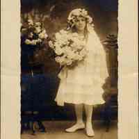 Sepia-tone studio photo of Mildred Marion "Molly" Pescatore at the time of her confirmation, Hoboken, no date, ca. 1922-1923.