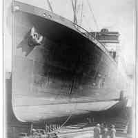 B+W photo of an unidentified cargo vessel in dry dock, Hoboken, no date, ca. 1940.