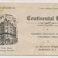 Trade card: Continental Hotel, Joseph A. Samperi, Prop[rietor]., 101 Hudson St., Hoboken, N.J. No date, circa 1920-1925.