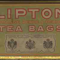 Tin: Lipton Tea, Orange Pekoe & Pekoe Tea Bags. Manufactured in Hoboken, N.J. No date, ca. 1921-1936.