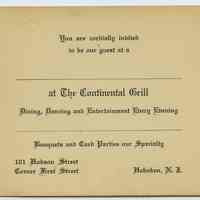 Invitation to The Continental Grill, 101 First Street, Hoboken, N.J. N.d., ca. 1922-1935.