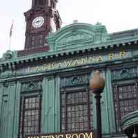          013 Waiting Room sign, Lackawanna name, 1907 date, clock face, clock tower
   