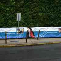 Digital color image of the Maxwell House Coffee plant site with printed vinyl fence sign banners, Hoboken, October 2004.