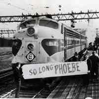 B+W photo of people commemorating final departure of train Phoebe Snow from Hoboken, Nov. 27, 1966.