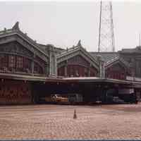 Color photo of Hoboken Terminal exterior, former ferry section & Waiting Room, from Lackawanna Plaza, Hoboken, July 1981.