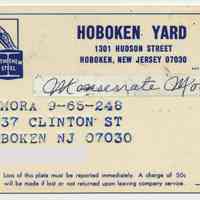 Bethlehem Steel Shipyard, Hoboken Div. employee ID card of Monserrate Mora, 1037 Clinton St., Hoboken, n.d. ca. 1970-1982.