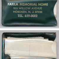 Folding plastic rain hat with imprinted storage sleeve: Failla Memorial Home, 533 Willow Ave., Hoboken, N.J., n.d, ca. 1960-1970.