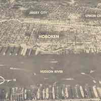 Printed b+w aerial photo of Hoboken as published on page 12 in newspaper PM, vol 1, no. 40, New York, August 12, 1940.