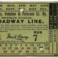 Ticket: Jersey City, Hoboken and Paterson Street Railway Co., Paterson Divison. Broadway Line. N.d., ca. 1899-1901.