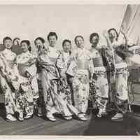 B+W photo Azuma Kabuki on deck of S.S. Maasdam, Holland America Line, 5th St. Pier, Hoboken, Dec. 12, 1955.