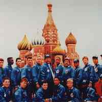 Color photo of Hoboken baseball team in Red Square, Moscow, U.S.S.R., 1988.