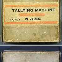          box, top view with printed label; typical side showing stapled corners
   