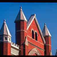          Color slide of detail view of roofline turrets and pediment at 827 Bloomfield between 8th & 9th picture number 1
   