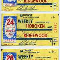 Ticket, transportation, 3: NJ Transit Rail Operations Weekly Commutation Ticket, between Hoboken and Ridgewood; Weeks 23, 24, 26; June 1985.