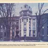 Printed view of a color postcard of the Eagan School of Business, west side of Hudson St., Hoboken, ca. 1910.