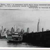 B+W photo of ferry Binghamton berthed at dock in Weehawken during its conversion to restaurant, 1970.