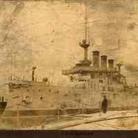 Sepia tone photo of the U.S.S. Kansa probably at New York Shipbuilding Corp. shipyard, Camden, N.J, no date, circa 1906-1907.