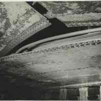 B+W photo of exterior view of damaged hull plates near keel on unidentified vessel at the Bethlehem Steel Shipyard, Hoboken Division, no date, ca. 19