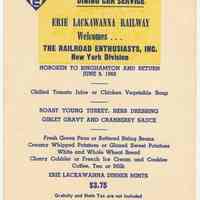 Menu, souvenir: Erie Lackawanna Railway; The Railroad Enthusiasts; issued Hoboken, June 9, 1968.