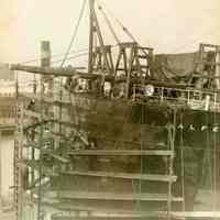 B+W photo after bow repairs to the S.S. Balfen in dry dock, Hoboken, no date, ca. 1935.