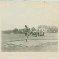 B+W photo of a baseball pitcher at the athletic field of Stevens Institute of Technology, Hoboken, no date, ca. 1950.