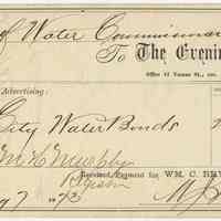 File receipt of paid bill for legal notice printed in The Evening Post for Bd. of Water Commissioners, City of Hoboken, Aug. 26, 1873.