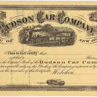 Stock certificate: Hudson Car Company, State of New Jersey, Hoboken, unissued. N.d., not earlier than 1868.