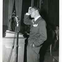 Sinatra photo: Frank Sinatra addressing 2300 boys at Benjamin Franklin H.S., N.Y., about racial prejudice, Oct. 23, 1945.