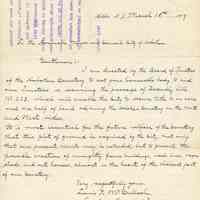 Letter to Mayor & City Council, Hoboken from Hoboken Cemetery Trustees, March 10, 1909, requesting support for Assembly bill enabling city to buy land adjoining cemetery.