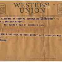 Telegram from George R. Maier to Mr. & Mrs. George [A.] Maier, 833 Bloomfield St., Hoboken, March 25, 1944.