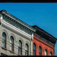          Color slide of close-up view of cornices, brackets, friezes and brick semicircular arches at 510 and 514 Observer Highway on the NE corner with Madison picture number 1
   