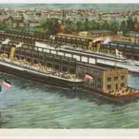 Three-panel foldout postcard: North German Lloyd S.S. Co. Piers at Hoboken, N.J.