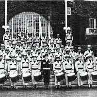 Digital image of photocopy of published b+w photo of Our Lady of Grace Lancers posed outdoors, no place [Hoboken], 1953.
