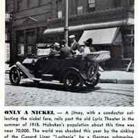 Reference image: A jitney (autobus) with conductor on Hudson St. near the former Lyric Theater, Hoboken, Summer, 1915.