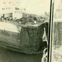 B+W photo of major damage to an unidentified freight vessel, location not identified, possibly Hoboken, no date, ca. 1940.