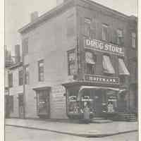 Printed B+W photograph of George Hoffman, Drugstore, Fifth and Garden Streets, Hoboken, ca. 1903-1908.