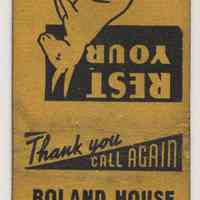 Matchbook cover: Roland House Cafe, 111 Hudson St., Hoboken, N.J. N.d, ca. 1934-1960.