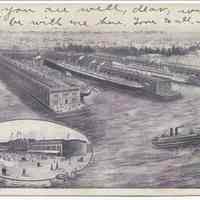 Postcard: No. 74 - North German Lloyd Piers, Hoboken, N.J. Postmarked Sept. 28, 1903.