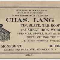 Blotter, ink: Charles Lang; Tin, Slate, Tar Roofing & Sheet Iron Worker, Hoboken, n.d., ca. 1930-1950.