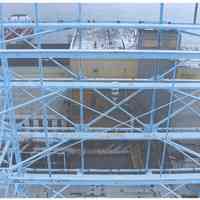 Color photo of back of Maxwell House Coffee sign support structure, building no. 2 looking down to storage silos, building no. 9, Hoboken, n.d, ca. 2000.