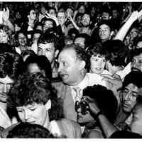 B+W photo of mayoral candidate Tom Vezzetti with supporters on election night, Hoboken, [June 11, 1985].