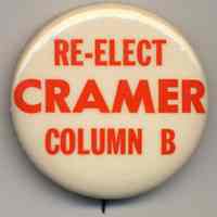 Political button: Re-elect [Walter] Cramer Column B. (Hoboken, no date, circa 1973-1979.)