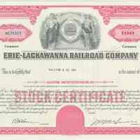 Stock certificate: Erie-Lackawanna Railroad Co., red, for 100 shares common stock, dated April 7, 1964.
