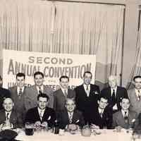 Digital image of b+w photo of Mayor Fred DeSapio attendees at the United Master Barbers Convention, Meyers Hotel, March 6, 1949.